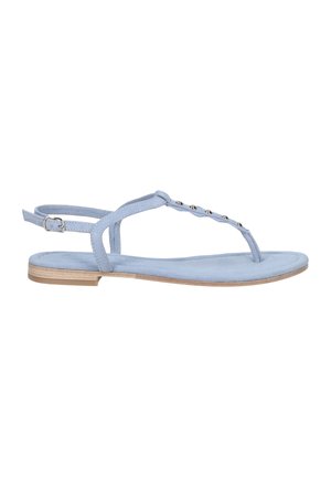 Light blue suede sandal with flat sole, thin straps, and silver-tone decorative details. Adjustable buckle on ankle strap for fit.