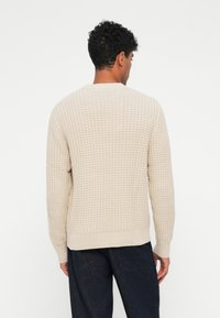 Maglione beige lavorato a maglia con un motivo testurizzato, polsini e orlo a costine. Il retro presenta un collo rotondo e una vestibilità comoda.