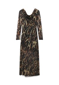 Kleid mit Cowl-Neck und langen Ärmeln aus transparentem Stoff, das mit einem Leopardenmuster in Brauntönen, Schwarz und Olivgrün versehen ist.