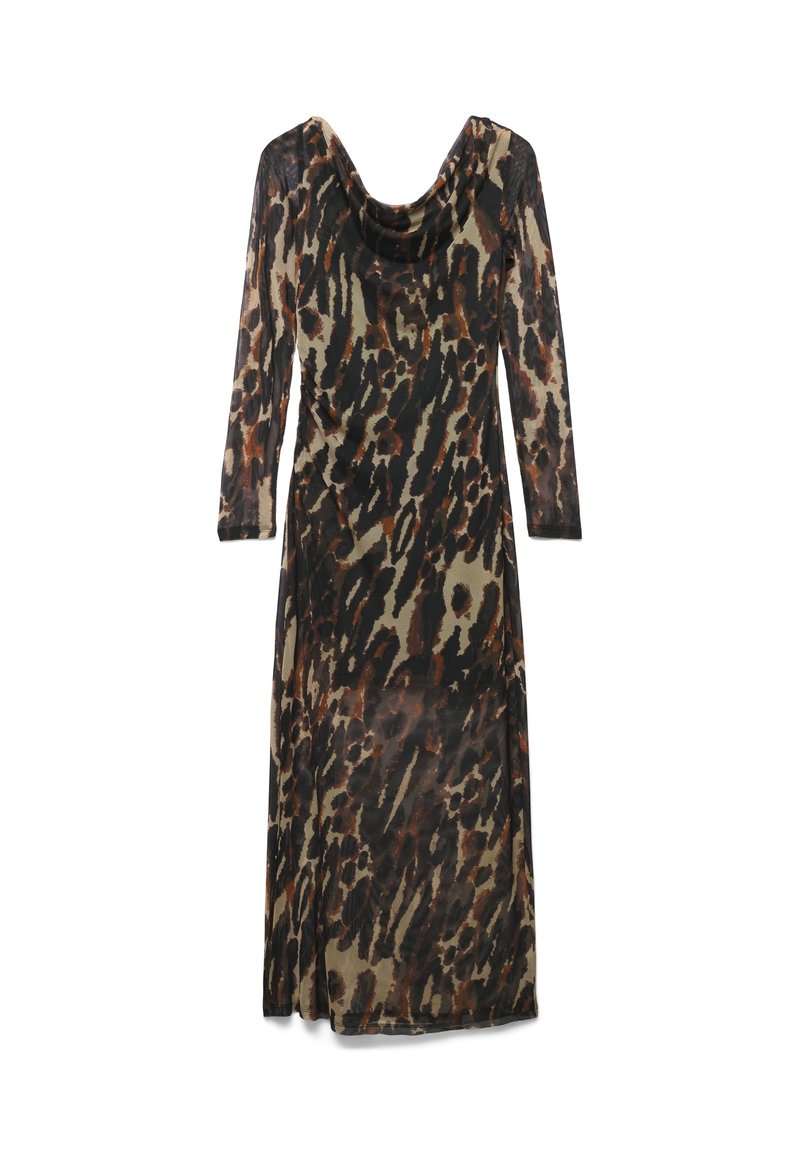 Kleid mit Cowl-Neck und langen Ärmeln aus transparentem Stoff, das mit einem Leopardenmuster in Brauntönen, Schwarz und Olivgrün versehen ist.
