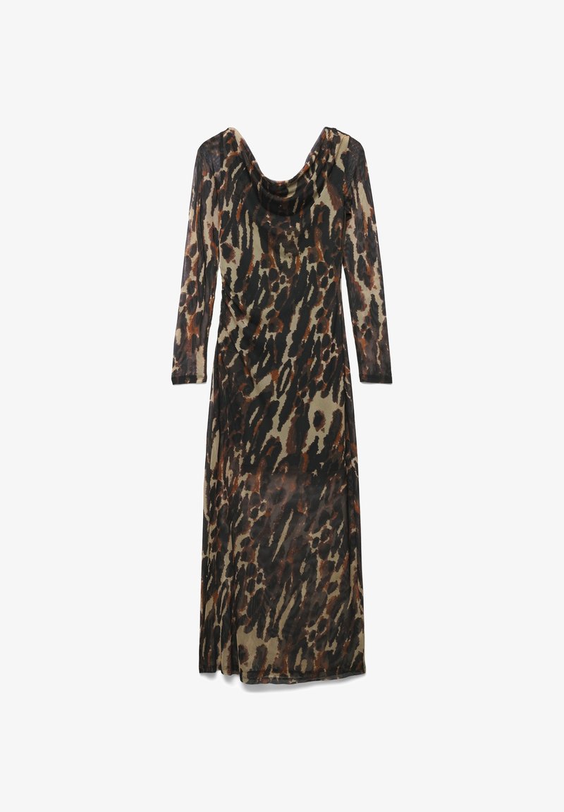 Robe à col bénitier et à manches longues en tissu transparent avec un imprimé léopard aux nuances de marron, noir et vert olive.