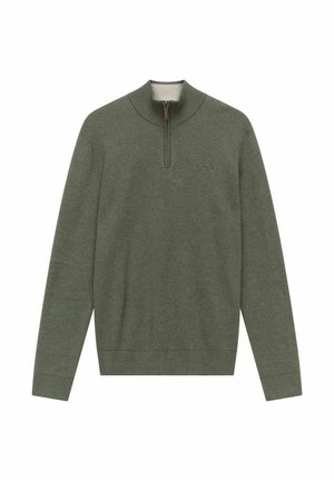 Grön tröja med halvdragkedja i kragen, ribbad manchetter och fåll, tillverkad av mjukt material, med en diskret logotyp på bröstet.
