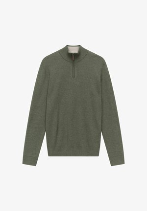 Zielony sweter z połową zamka, z prążkowanymi mankietami i dołem, wykonany z miękkiego materiału, z delikatnym logo na klatce piersiowej.