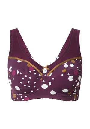 Beha van donkerpaarse stof met witte, roze en gele stippen. Heeft brede bandjes, een decoratieve gouden rand en een knoopdetail in het midden.