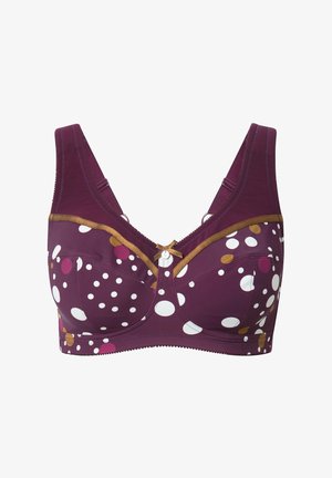Reggiseno in tessuto viola scuro con pois bianchi, rosa e gialli. Presenta spalline larghe, una rifinitura decorativa dorata e un dettaglio a bottone al centro.