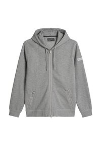 Felpa grigia chiara con zip, tasche anteriori con zip, coulisse regolabile per il cappuccio e etichetta sulla manica sinistra.