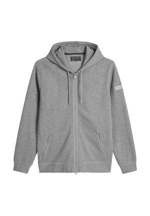 Jasnoszara bluza z kapturem zapinana na zamek, z przednimi kieszeniami na zamek, regulowanym sznurkiem do kaptura oraz metką na lewym rękawie.