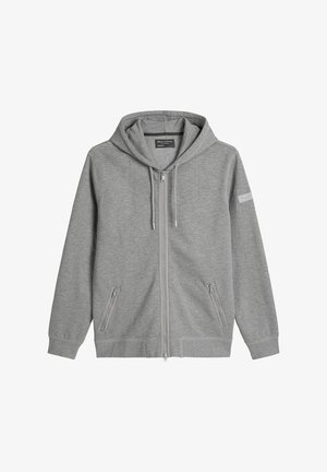 Lichtgrijze rits-hoodie met voorzakken met rits, verstelbare capuchontouwtjes en een label op de linkermouw.