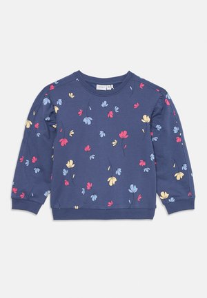 Felpa blu navy realizzata in morbido cotone, con un motivo floreale in rosso, giallo e blu, con polsini e orlo a costine.