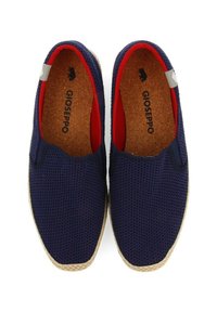 Zapatos slip-on de malla azul marino con forro rojo, plantilla de corcho y suela de yute. Presentan un pequeño logo en el lado y un upper texturizado para mayor transpirabilidad.
