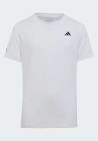 Camiseta deportiva de manga corta blanca, hecha de un tejido texturizado, con cuello redondo y logo negro de Adidas en la parte superior del pecho izquierdo y en la manga.