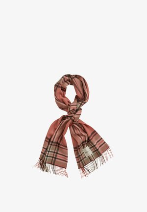 Rosa kariertes Tuch aus weichem Stoff mit braunen und cremefarbenen Akzenten. Verfügt über fransige Kanten und ein kleines rechteckiges Etikett mit dem Markennamen.