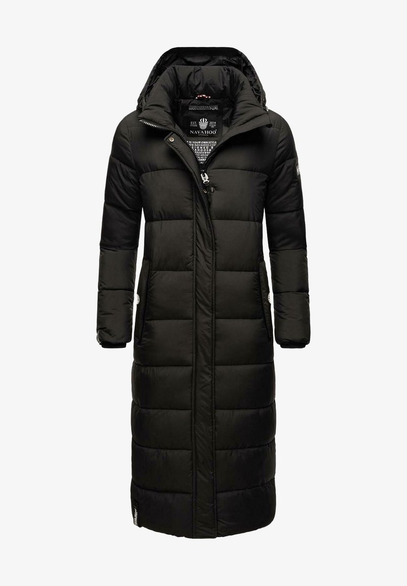 Long black puffer coat with a hood, featuring quilted sections, two side pockets, and a front zipper with a small logo detail.