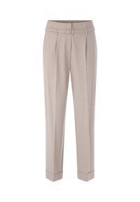 Beige trousers made of a smooth fabric, featuring a belted waist, two front pleats, and cuffed hems.