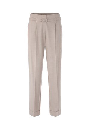 Beige Hosen aus einem glatten Stoff, mit einem gegurteten Bund, zwei vorderen Falten und umgeschlagenen Säumen.