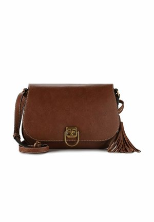 Sac bandoulière en cuir marron avec rabat, quincaillerie dorée et un gland décoratif. Comprend des coutures contrastées et une sangle réglable.