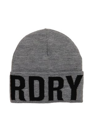 Berretto a maglia grigio con un design a lettere nere in grassetto "RDRY" sul bordo ripiegato. Texture morbida e forma aderente per garantire calore.