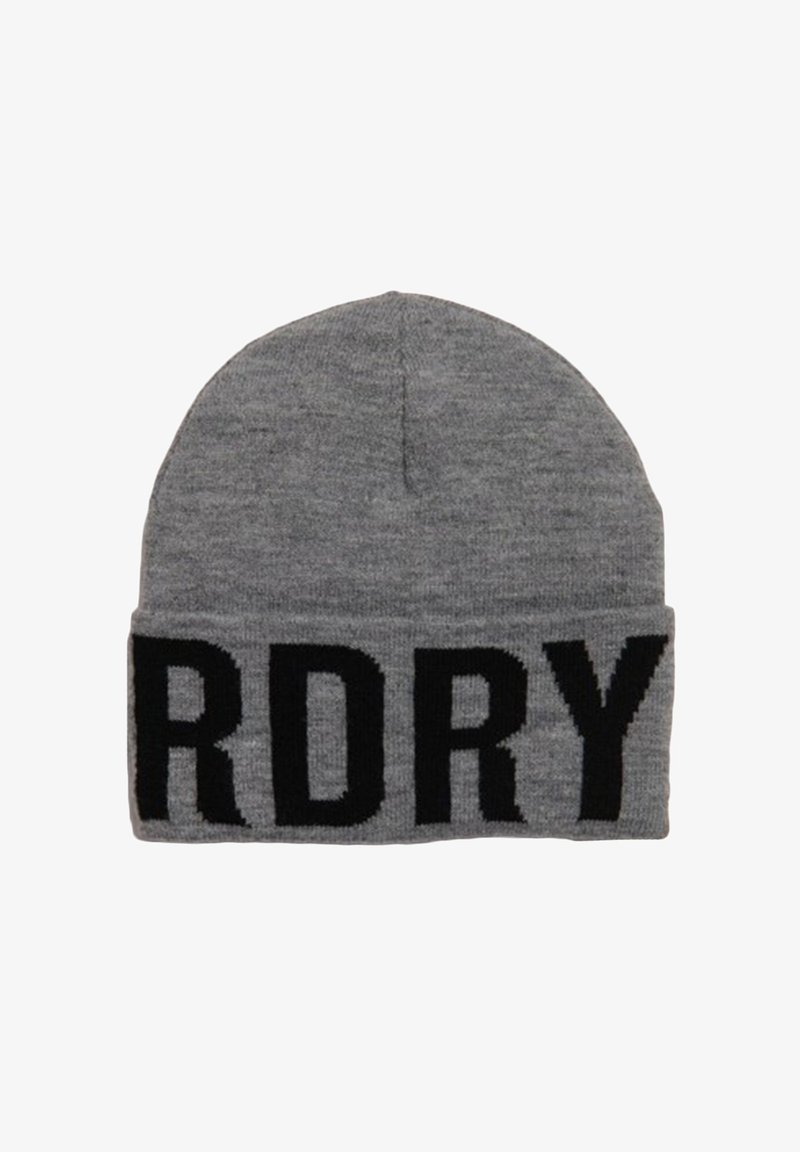 Bonnet en tricot gris avec un design en lettres noires et en gras "RDRY" sur le revers. Texture douce avec une forme ajustée pour plus de chaleur.