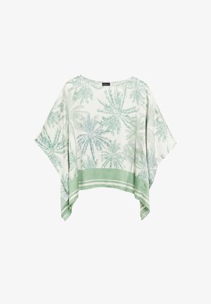 Haut ample blanc avec imprimé de palmier vert et ourlet rayé vert, encolure dégagée et larges manches courtes.