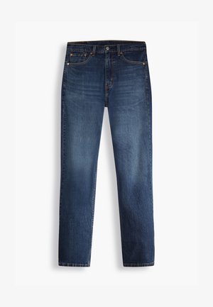Donkerblauwe denim jeans met een recht model, knoop- en ritssluiting, en subtiele vervaging voor textuur. Geen opvallende patronen of accenten.