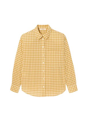 Chemise à manches longues boutonnée avec un motif à carreaux vichy jaune et blanc, col pointu et une poche poitrine unique.