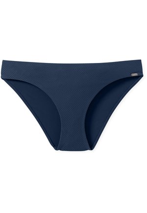 Bañador de bikini azul marino hecho de una tela texturizada. Presenta una cinturilla de altura media y una cobertura total para mayor comodidad.