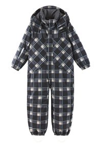 Sort ternet overall med hætte, der har store frontlommer og elastiske manchetter. Mønstret inkluderer lyseblå og beige accenter hele vejen igennem.