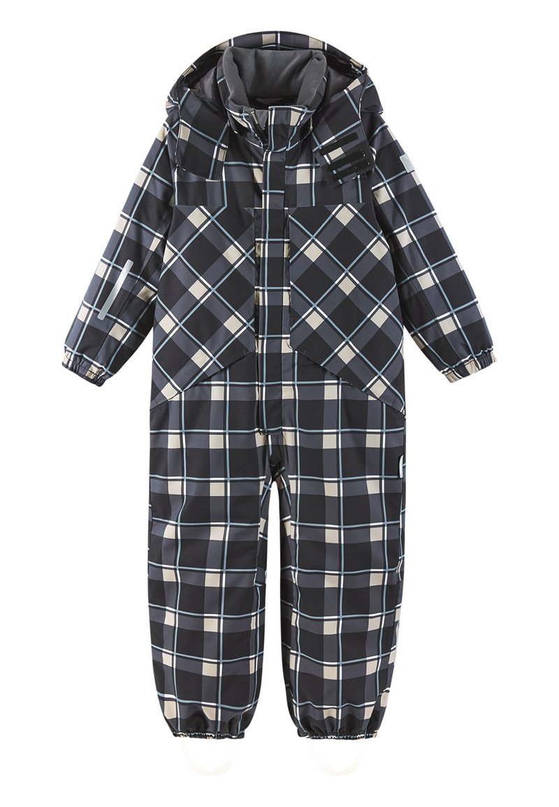 Sort ternet overall med hætte, der har store frontlommer og elastiske manchetter. Mønstret inkluderer lyseblå og beige accenter hele vejen igennem.