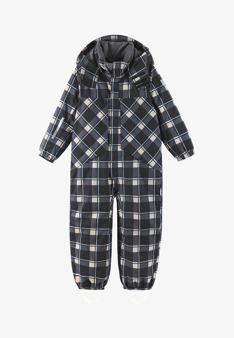 Sort ternet overall med hætte, der har store frontlommer og elastiske manchetter. Mønstret inkluderer lyseblå og beige accenter hele vejen igennem.