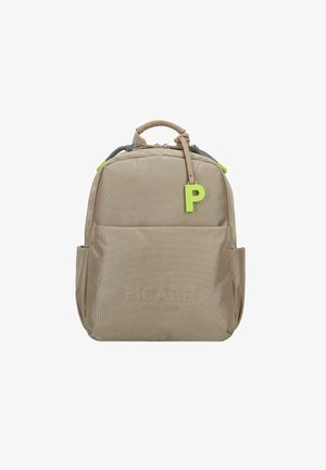 Beige backpack with textured fabric, top handle, grey zipper, green accent hardware, and front logo. Features side pockets for storage.