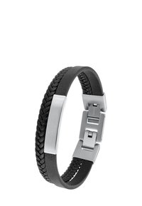 Bracciale in pelle nera con texture intrecciata, dotato di una chiusura metallica argentata e una piastra accentuata rettangolare lucida.