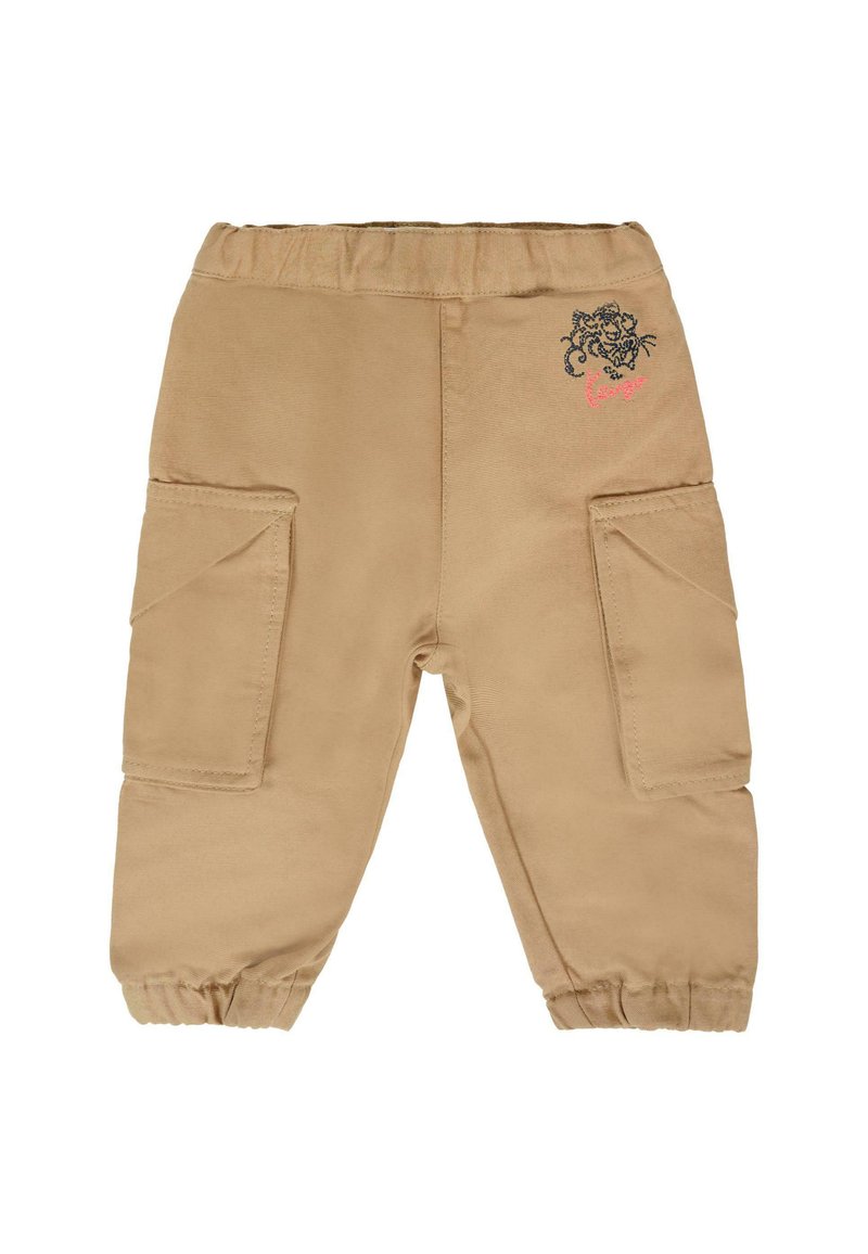 Pantalons cargo kaki avec une taille élastique, dotés de deux poches latérales, d'un détail de broderie florale noire et rose sur un côté, et de poignets élastiques.