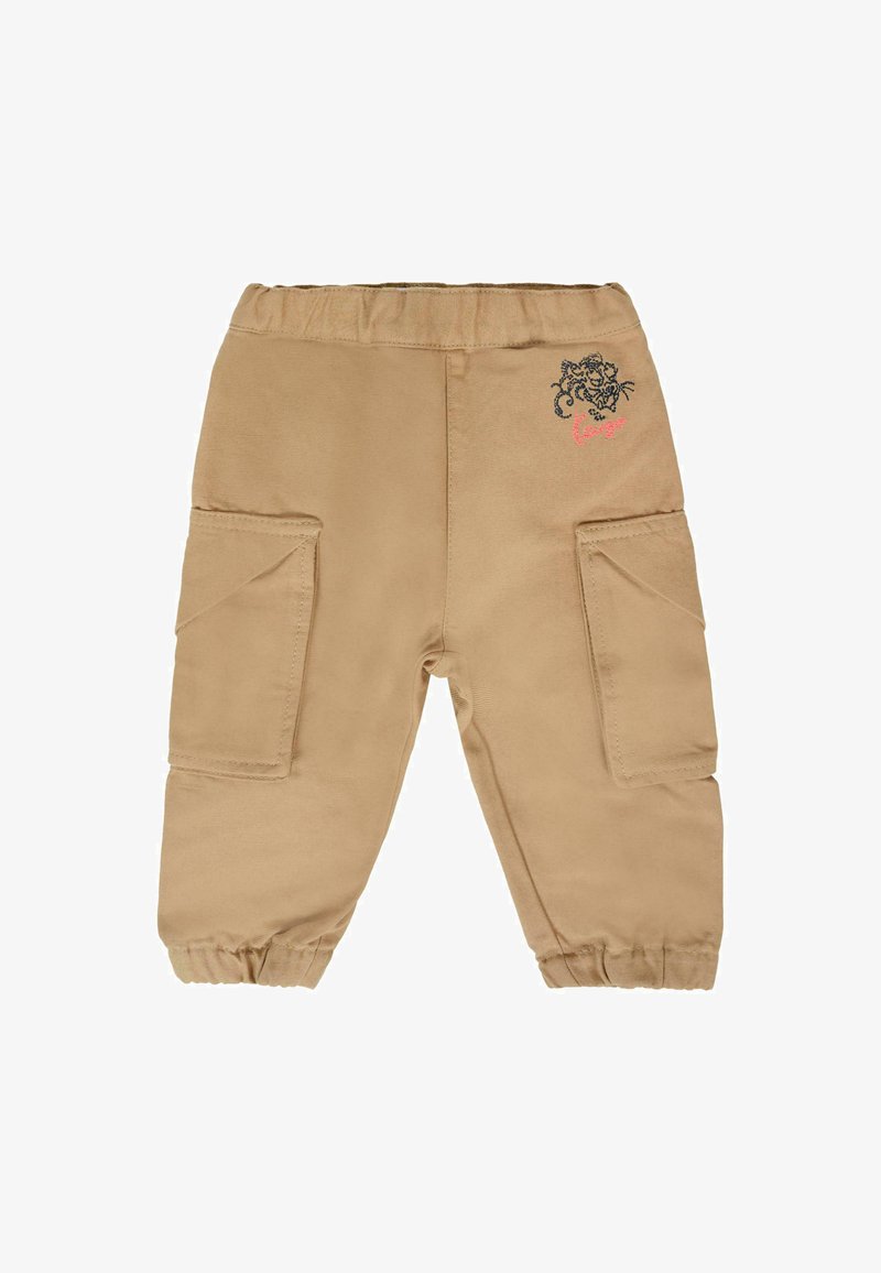 Pantalons cargo kaki avec une taille élastique, dotés de deux poches latérales, d'un détail de broderie florale noire et rose sur un côté, et de poignets élastiques.