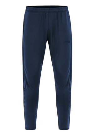Dunkelblaue Sporthosen aus leichtem Stoff mit einem elastischen Bund, schmal zulaufenden Beinen und einem Logo auf der Vorderseite.