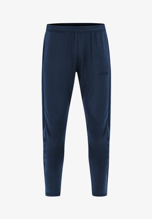 Dunkelblaue Sporthosen aus leichtem Stoff mit einem elastischen Bund, schmal zulaufenden Beinen und einem Logo auf der Vorderseite.