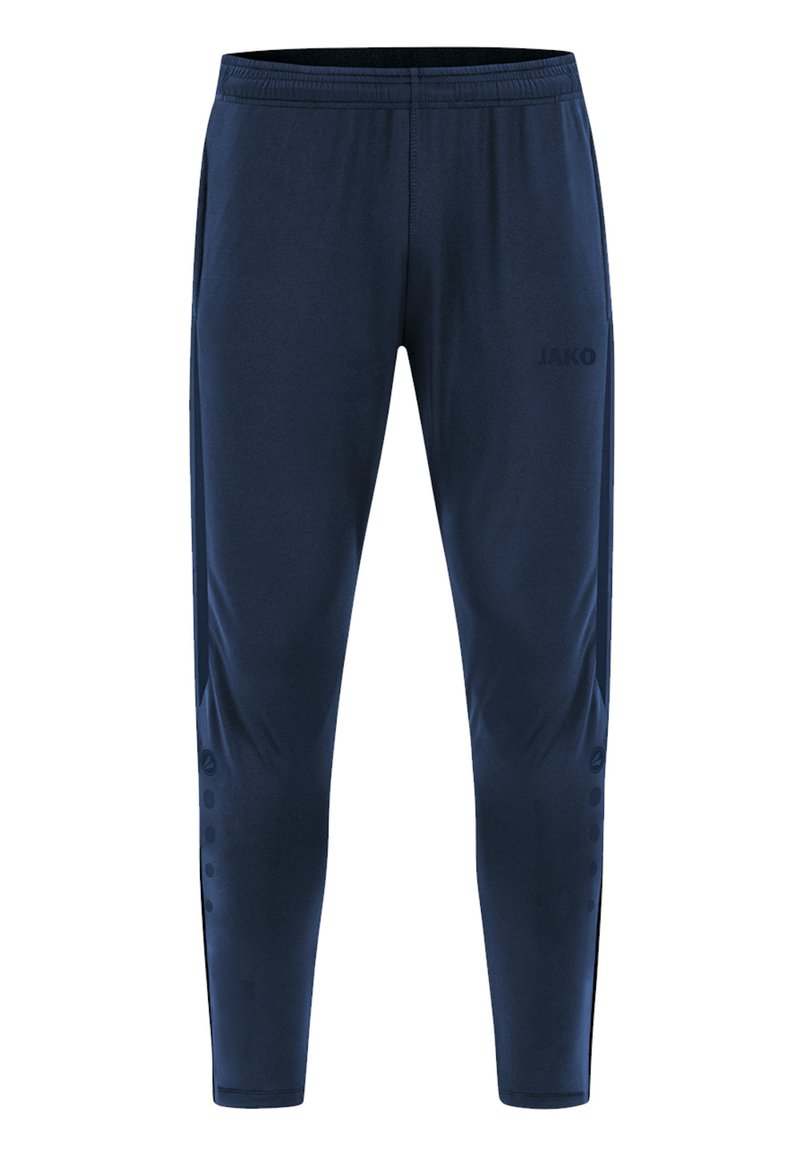 Dunkelblaue Sporthosen aus leichtem Stoff mit einem elastischen Bund, schmal zulaufenden Beinen und einem Logo auf der Vorderseite.