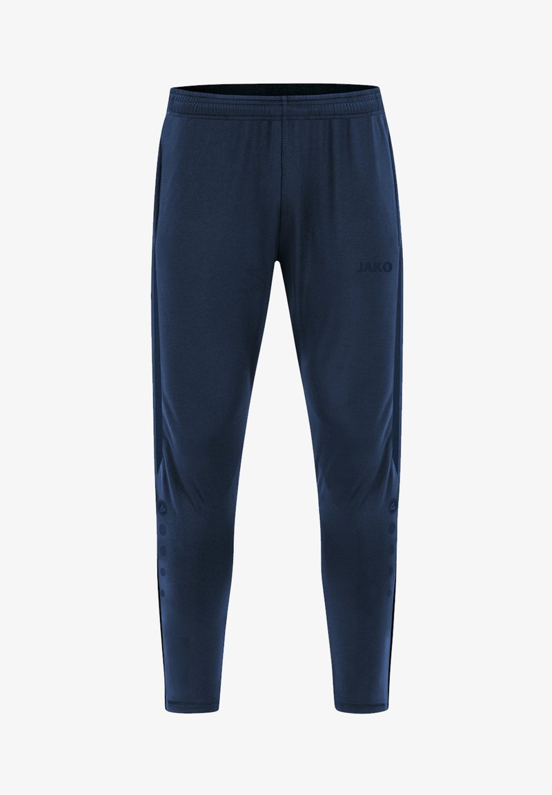 Marineblauwe sportbroeken van lichtgewicht stof met een elastische tailleband, taps toelopende benen en een opdruk van een logo aan de voorkant.