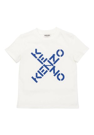 Weiße Baumwoll-T-Shirt mit einem auffälligen blauen grafischen Design, auf dem das Wort "KENZO" in einem überlappenden Muster angeordnet ist. Kurzärmlig, Rundhalsausschnitt.