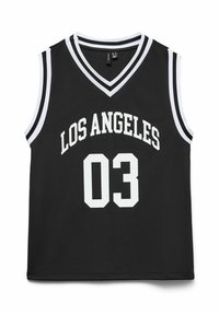 Sort ærmeløs basketballtrøje med hvide detaljer. Teksten "LOS ANGELES" og nummeret "03" trykt i fede hvid blokbogstaver. V-hals design.