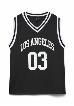 Melnā bez piedurknēm basketbola kreklā ar baltajiem akcentiem. Teksts "LOS ANGELES" un numurs "03" drukātā biezā baltā blokā. V veida kakla dizains.