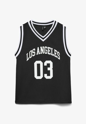 Czarna bezrękawnik koszykarska z białymi akcentami. Napis "LOS ANGELES" oraz numer "03" wydrukowane grubymi białymi literami blokowymi. Design z dekoltem w serek.