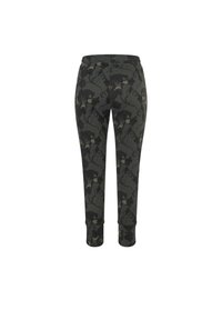Pantalon fuselé vert foncé avec motif floral noir, taille élastique et chevilles retroussées, vu de dos sur fond blanc.
