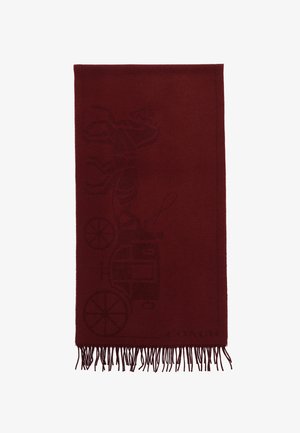 Écharpe bordeaux en mélange de laine avec un motif subtil de cheval et calèche, finie par des bords frangés pour ajouter de la texture.