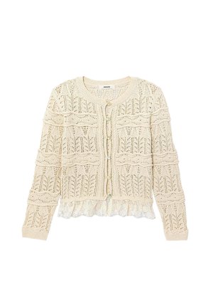 Cardigan tricoté crème avec bordure en dentelle à l'ourlet, manches longues et boutons nacrés sur le devant.