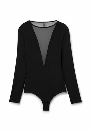 Black long-sleeve bodysuit with deep V sheer mesh neckline and snap closure at the crotch, laid flat on white background.