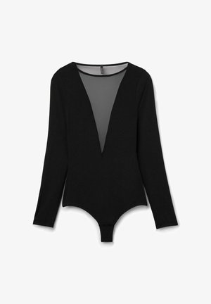 Body noir à manches longues avec décolleté V en mesh transparent et fermeture à pression à l'entrejambe, posé à plat sur un fond blanc.