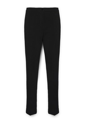 Pantalones negros a medida con corte recto, que cuentan con cierre de botón en la parte delantera, bolsillos laterales y una textura de tela suave.