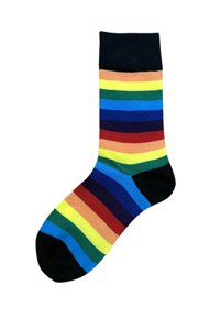Calcetín multicolor hecho de un tejido suave, con rayas horizontales en tonos negro, naranja, rojo, amarillo, verde, azul y púrpura.