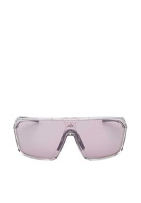 Occhiali da sole trasparenti oversize con lenti rosa sfumate. Presentano un design geometrico della montatura e accenti testurizzati sulle asticelle.