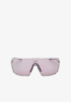 Occhiali da sole trasparenti oversize con lenti rosa sfumate. Presentano un design geometrico della montatura e accenti testurizzati sulle asticelle.